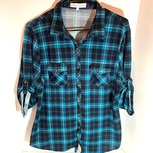 Eden & Olivia Plaid Flannel Button Down Top Teal & Black Cottagecore Sz. X Large